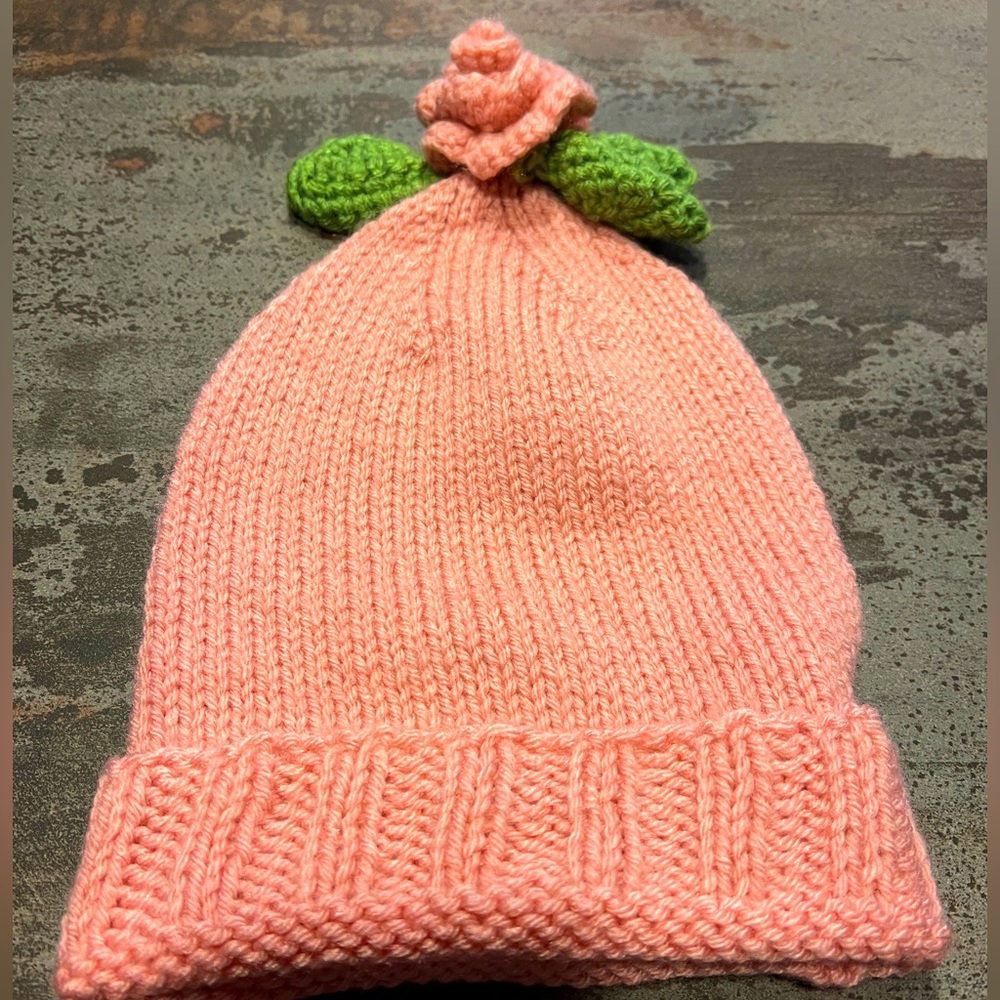 🩷💚🌸🌱🧣Floral Knit Crochet Beanie Hat Handcrafted NEW